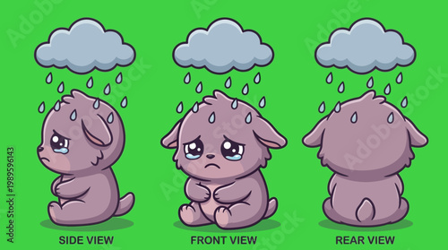 Adorable Cartoon Bunny Rabbit Crying Under Rain Clouds, Sadness Concept.