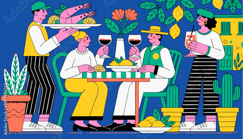 Vibrant illustrated scene capturing a joyful outdoor dining experience in a mediterranean setting featuring a waiter serving food to a couple enjoying wine at a table adorned