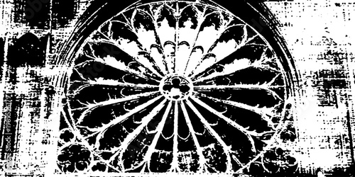 Circular rose window with radial tracery on facade