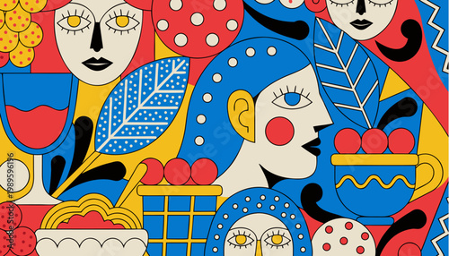 Vibrant abstract artwork featuring stylized female faces lush foliage and culinary elements like pasta and wine rendered in a bold graphic style with a lively color palette