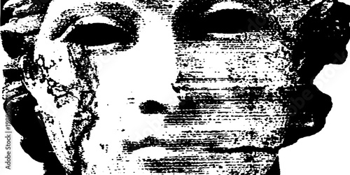 Classical statue face displaying weathered erosion closeup