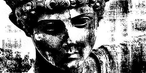 Marble bust three quarter view on grunge black white background