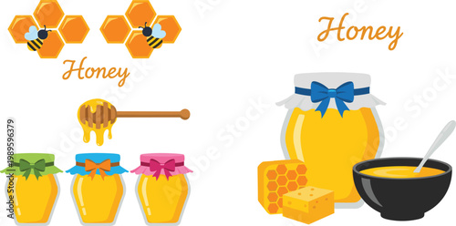 Honey Jar Collection with Honeycomb, Dipper, and Sweet Products Representing Natural Organic Food and Beekeeping Concept in Vector Illustration