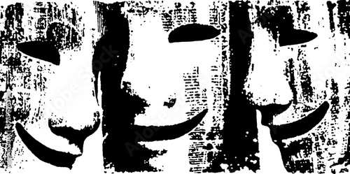 Repeated masked faces printed with rough distress texture