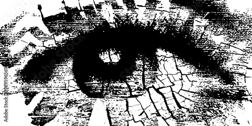 Human eye merged with cracked wood texture in closeup