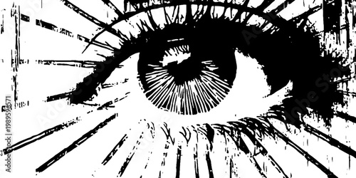 Human eye radiating lines in graphic sunburst style composition