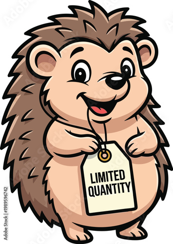 A cartoon hedgehog holding a limited quantity tag with a cheerful expression