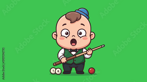 Cartoon baby playing billiards with a surprised expression on face.