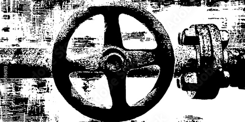 Metal valve wheel attached to pipeline in industrial setting