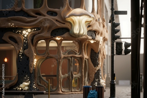 Architectural facade featuring glowing mushroom lights on a city street