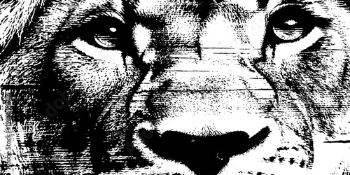Lion staring directly forward in high contrast textured portrait