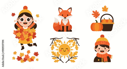 Flat design vector illustration of autumn harvest celebration featuring cute characters enjoying fall foliage in a warm lifestyle setting