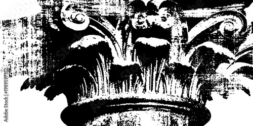 Corinthian column capital with worn texture on white background