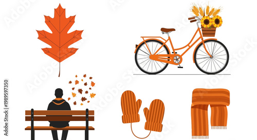 Flat design vector illustration of autumn season lifestyle elements including maple leaves bicycle and warm knitwear on a transparent background