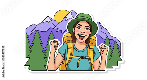 Happy hiker enjoying mountain adventure with backpack in bright sunlight against a scenic forest landscape cutout