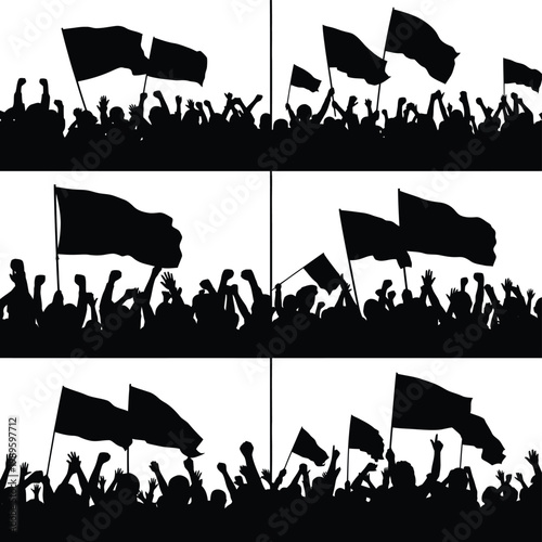 Crowd, protest, demonstration, activism, black silhouettes, flags, vector icons