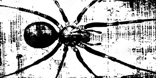 Spider walking across scratched textured surface in monochrome