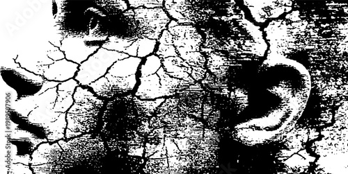 Sculpture profile face showing cracked texture on plaster background