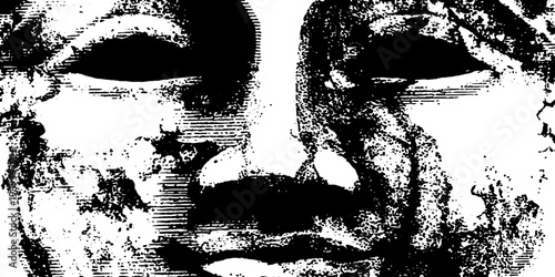 Stone sculpture face with worn features on white background