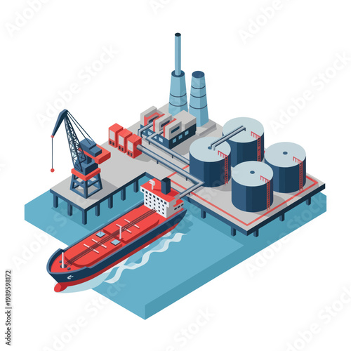 Isometric Oil Refinery and Tanker Ship Illustration.