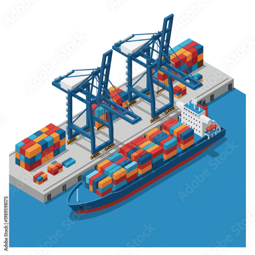 Isometric Cargo Ship at Port with Cranes and Containers.