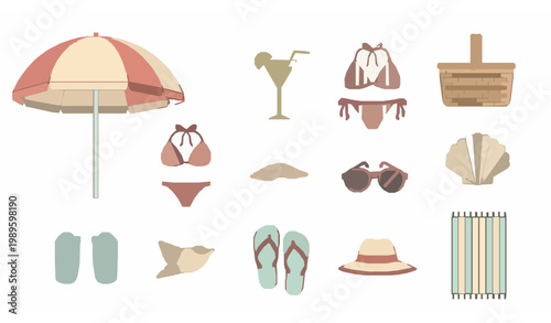 Luxury summer beach vacation flat vector collection with umbrella bikini cocktails picnic and seashell elements for design use