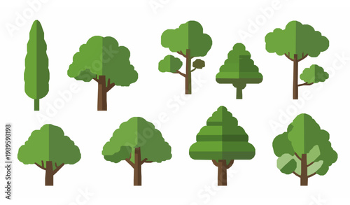 Creative set of eight flat green tree vectors with varied canopy shapes for landscape architecture and environmental design