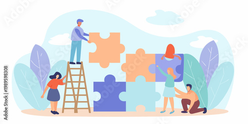 Teamwork concept people connecting puzzle pieces for a collaborative solution