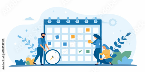 Team collaborating on scheduling and planning with a large wall calendar