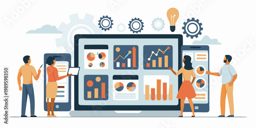 Team collaboration analyzing data and innovative solutions on digital devices