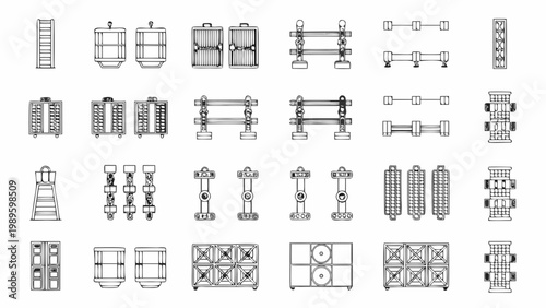 Collection of detailed black and white schematic illustrations of industrial equipment