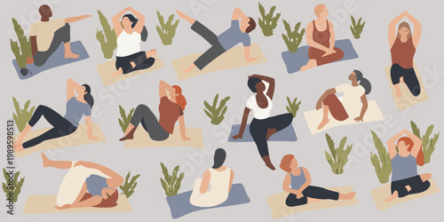 Diverse group of people practicing various yoga poses indoors