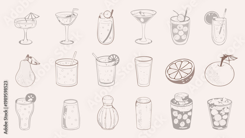 Collection of hand drawn cocktail glasses fruit and bar accessories
