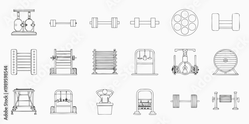 Line art illustration of various vintage gym equipment and training tools