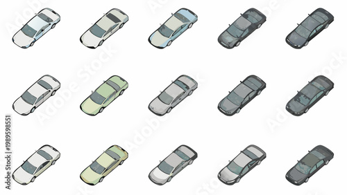 Aerial view of various colored compact cars arranged in a grid