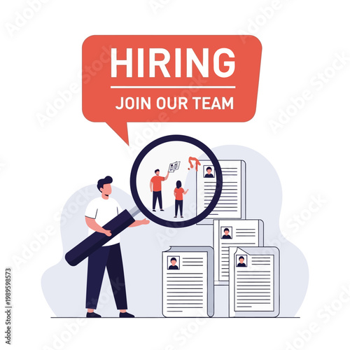 Man Holding Magnifying Glass Over Resumes Hiring Process.