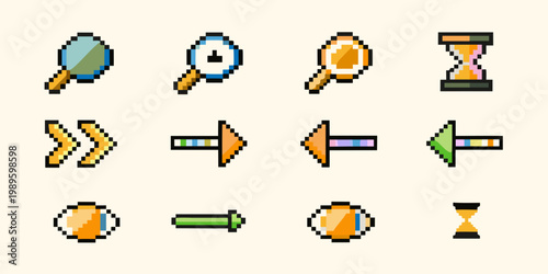 Pixelated icons depicting magnifying glasses arrows and hourglasses