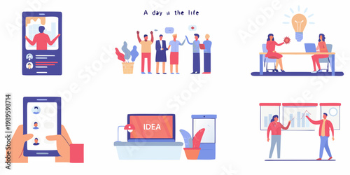 Illustrations depicting modern work life collaboration and digital communication