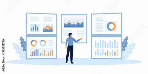 Man presenting data analytics and business reports on multiple screens