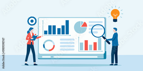 Team analyzes data visualized on a large screen with a bright idea