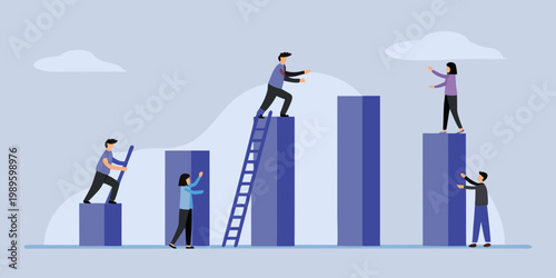 People collaborating and climbing a bar graph representing growth and success