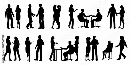 Silhouettes of people interacting in various social settings and poses