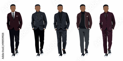 Five stylized male figures showcase varied formal attire and modern fashion