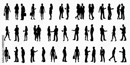 Silhouettes of diverse business people in various interacting poses