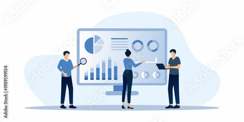 Team analyzing data and charts displayed on a large computer screen