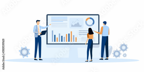Team collaborating on data analysis with charts and graphs displayed