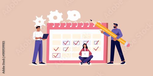 Team collaboration and planning with a large pencil and calendar