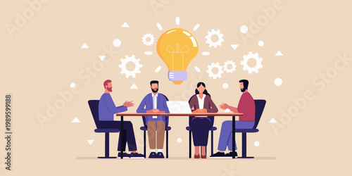 Team brainstorming session with an idea represented by a glowing lightbulb
