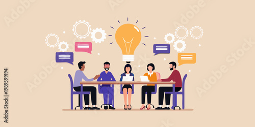 Team brainstorming session with a bright idea and collaborative discussion