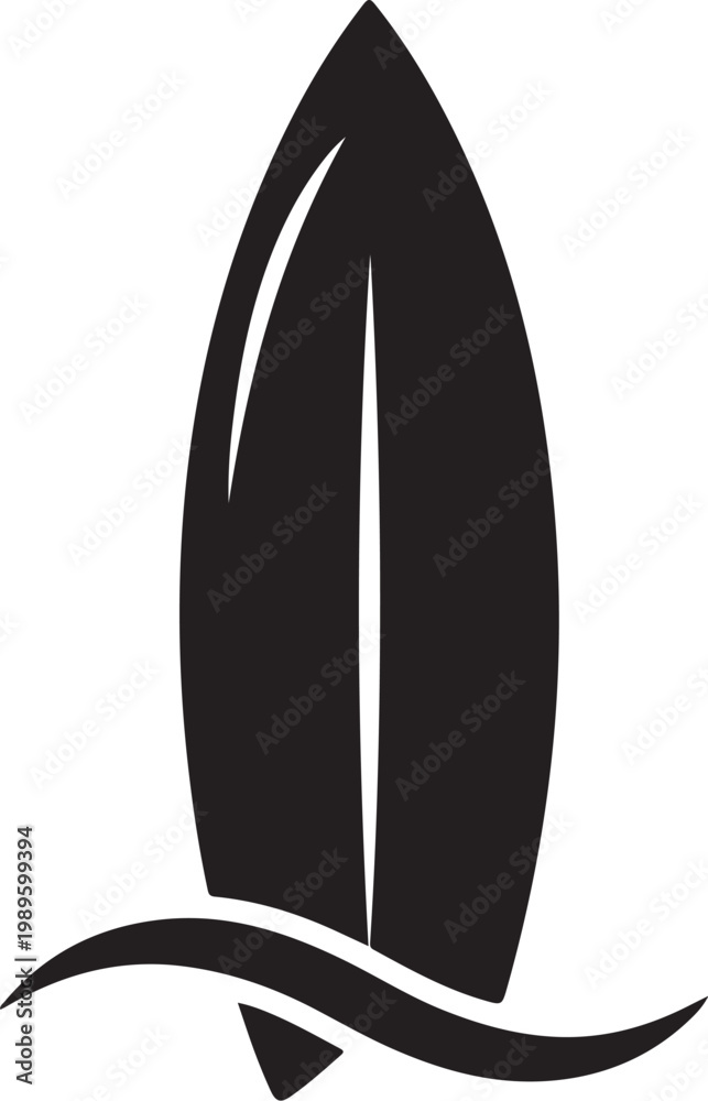 Fototapeta premium Surfboard icon, black surfboard, wave symbol, vector graphics